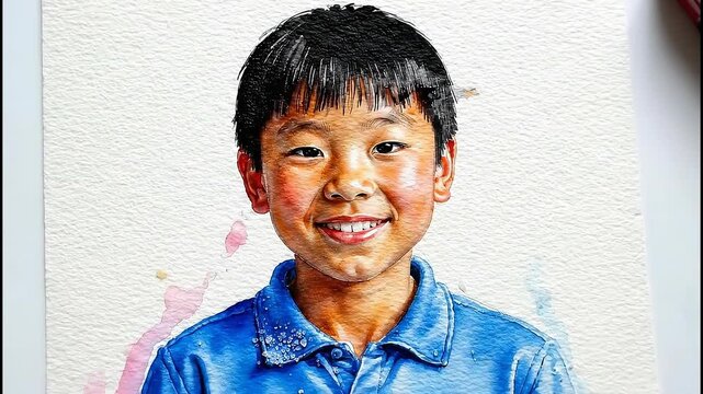 A joyful young boy with dark, unkempt hair and rosy cheeks smiles broadly. He is wearing a blue collared shirt. The background is a textured white surface with hints of pink watercolor splatters.
