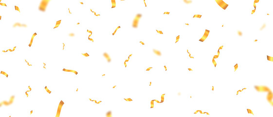 Falling golden ribbon confetti on white background, festive celebration decoration pattern, vector