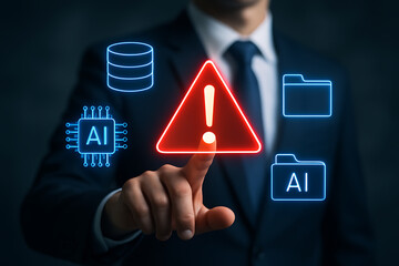 Futuristic artificial intelligence warning alert interface with businessman pointing at critical error in digital data network