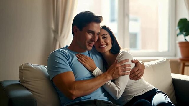 A tender moment unfolds as a loving couple embraces on a comfortable sofa within a cozy home setting, radiating warmth and contentment. The sunlit interior complements the intimacy of their bond.