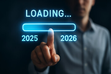 Futuristic interface with loading progress bar moving from 2025 to 2026 symbolizing preparation planning and future goals