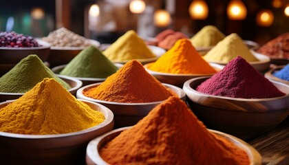 vibrant array of colorful spice powders in wooden bowls ready to elevate culinary creations with exotic flavors and aromas