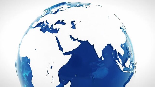 A 3d rendered world globe with shimmering sapphire oceans and matte white continents rotates slowly on a pure white void background, enhancing its digital perfection. Concept of global connectivity