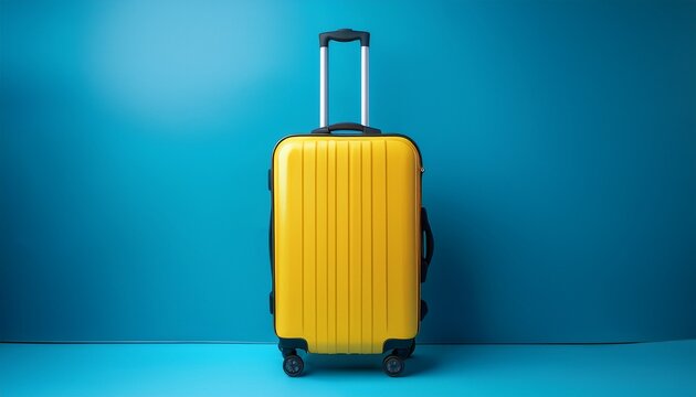 vibrant yellow suitcase standing proudly on serene blue surface ready for adventure and travel