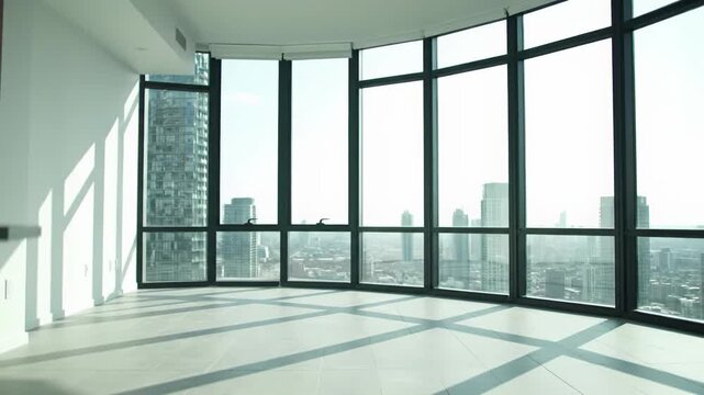 A white door opens into a sunlit, empty, minimalist apartment with a vast cityscape visible through a large window, casting geometric shadows on the tiled floor. Concept of serene modernism and