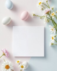 Easter flat lay with pastel eggs and daisy flowers. Blank white card mockup on pink and blue background. Spring holiday greeting card template with copy space for text