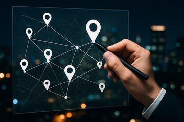 Hand using stylus pen to draw on virtual map with multiple location pins representing global connectivity navigation and innovation