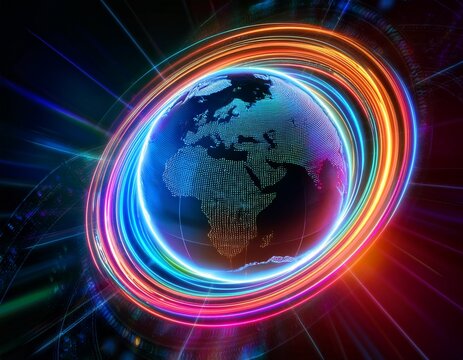 a glowing globe surrounded by vibrant swirling neon rings representing a digital world interconnected by technology and energy - Powered by Adobe