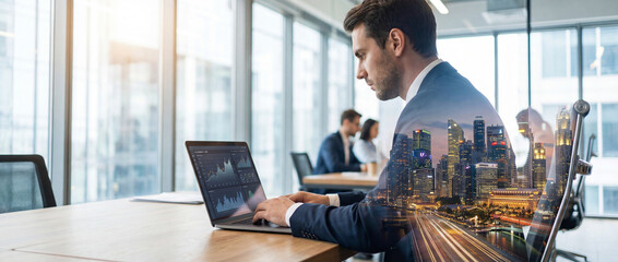 Concentrated Entrepreneur: An ambitious entrepreneur engrossed in work, diligently analyzing market trends on their laptop in a sleek, modern office.