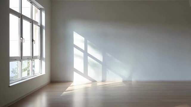 Sunlight streams through a large window, illuminating an empty room with a minimalist aesthetic, creating a sense of spaciousness. The interior features a neutral color palette. 