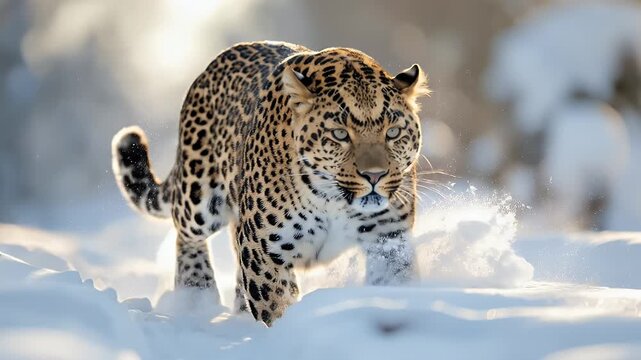 Majestic Leopard Stalking Through Snow, A Stunning Winter Scene.