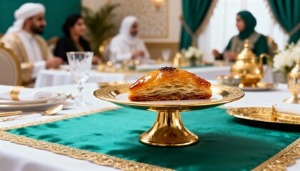 Traditional Middle Eastern dessert in focus during an Arab family dinner celebration. Festive meal for Eid al-Fitr or Ramadan Iftar. Islamic holiday and cultural hospitality concept