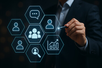 Human resource management concept with digital interface showing team icons analytics and communication network holograms