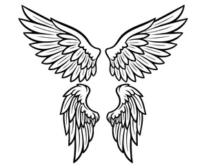 Fototapeta premium Doodle outline sketch angel wings. Angel feather wing, silhouette. Linear fly winged angels, flying heaven hand drawn doodle vector icons 