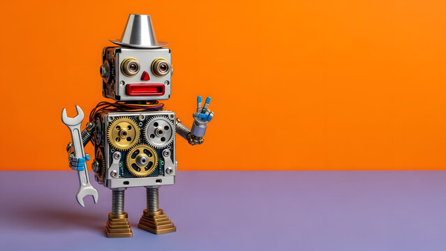 Robot handyman with hand wrench. Fixing maintenance concept. Creative design toy metal funnel hopper, cogs wheels gears metallic body. Orange wall, blue floor background. Copy space
