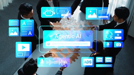 Business team collaborating with technology concepts, analyzing data and strategies for improving artificial intelligence and automation in the workplace Gluon.