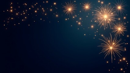 Golden fireworks bursting in the dark night sky with glowing sparks