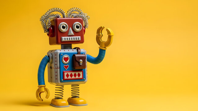Creative design crazy robot toy, electric wires hairstyle, big eye glasses, electronic circuit blue silver body, red heart. yellow background. copy space