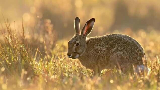 A beautiful rabbit in the golden grass, looking around the field.