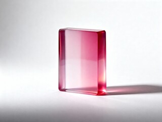 Translucent pink rectangular block standing on a white background. Minimalist geometric object made of glass, acrylic or resin. Abstract jelly texture concept