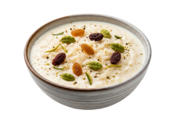creamy rice pudding with almonds and pistachios in a bowl