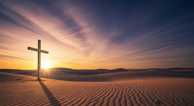 A lonely wooden cross structure standing rigidly among rolling sand dunes under an intense, dramatic desert sky, worship, terrain, sunset
