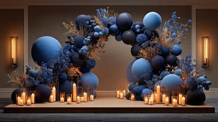 Elegant Celebration: A beautifully decorated arch adorned with balloons and candles illuminates the space, creating an inviting atmosphere, perfect for a special event.