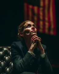 Woman in suit sits with hands clasped, waiting