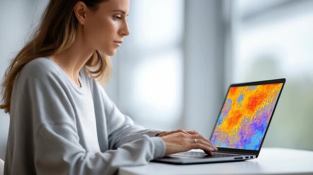 A professional woman studies a vibrant heatmap displayed on her laptop, highlighting advanced data analysis. The scene captures concentration, technology, and modern workplace trends in analytics