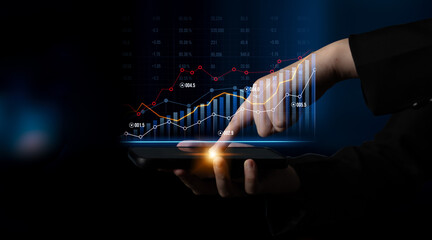 A person uses a tablet to conduct financial analysis, showcasing interactive graphs and charts that represent data trends and investment strategies in a modern environment. Scalp