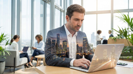 Focused Professional in Modern Workplace: A focused business person engrossed in work, utilizing a laptop in a contemporary office setting with a panoramic cityscape view.
