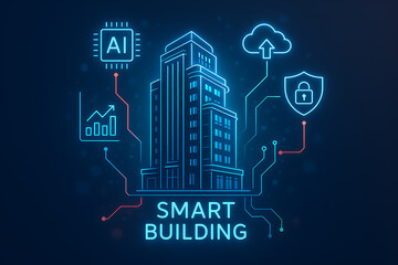 Fototapeta premium Modern illustration of intelligent skyscraper using artificial intelligence cloud storage and security for smart city innovation