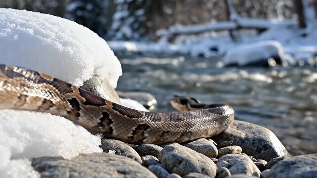 Snake on snow covered rocks near a river in winter.