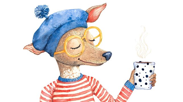 Dachshund Dog in Beret and Glasses Drinking Coffee. Cute Watercolor Illustration of a French dog in berette 
