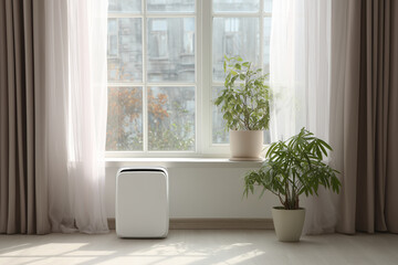 Minimalist home scene featuring a HEPA air purifier for allergy prevention. Clean interior emphasizing fresh air, dust reduction, and healthier indoor environment.