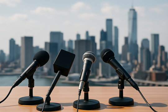 Multiple microphones on desk with blurred skyline representing press release media statement public event communication and political debate