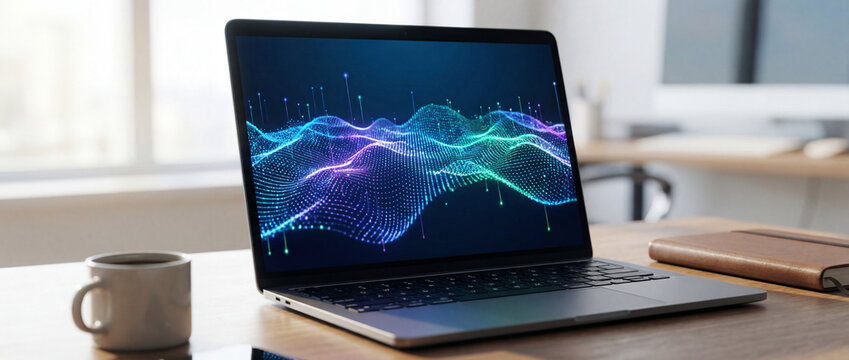 Digital Symphony: A modern laptop displays an abstract, luminous visualization, suggesting the rhythm of innovation and data processing. It sits on a desk beside a mug. - Powered by Adobe