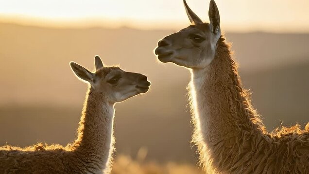 Two Llamas in a Golden Sunset - A Touching Moment of Affection.