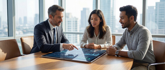 Strategic Insight: Three professionals collaborate around a digital interface, engaged in a focused discussion that may include presentation.