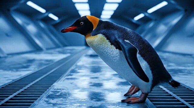 A Majestic Penguin Stands Proudly in a Futuristic, Cool-Toned Corridor.
