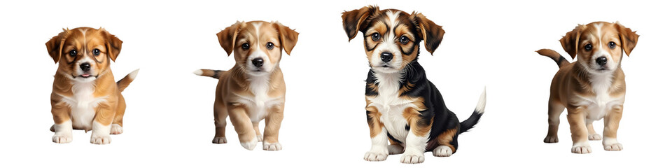 isolated high quality set of Group of four adorable puppies, diverse breeds, sitting, cut out transparent Pro PNG//.