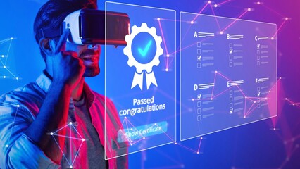 A young man wearing a virtual reality headset celebrates his achievement with a visual display of a digital certificate in a vibrant, futuristic setting. Raster
