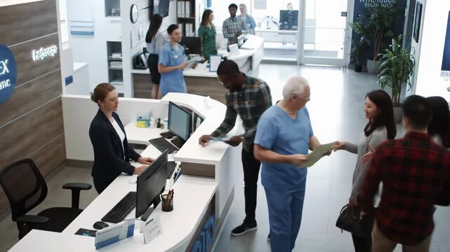 High-angle video of a bustling, modern medical clinic reception area. Diverse patients, staff interact under bright, soft lighting. Caucasian receptionist in black blazer. Concept of healthcare