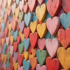 A vibrant wall covered in colorful, rustic wooden hearts creates a joyful and romantic mosaic