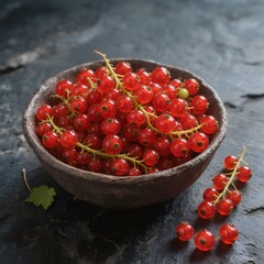 A rustic bowl overflowing with glistening red currants 