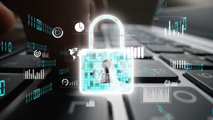 A digital security concept featuring a glowing padlock graphic over a keyboard symbolizes data protection, encryption, and the importance of cyber safety in tech environments. Xenic
