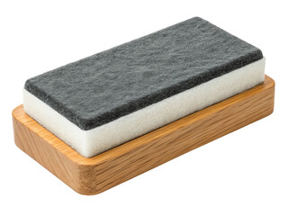 Rectangular gray and white sponge on wooden holder