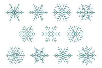 Big collection of various cute symmetric snowflakes, isolated on a transparent background. Editable stroke. You can edit the thickness of the outlines. Ideal for Christmas, New Year, or winter designs