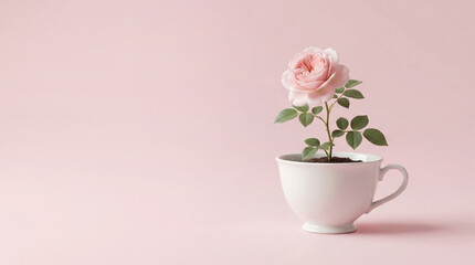 Pink rose plant growing in a white teacup. Metaphor for delicate growth, nurture, and new beginnings for greeting card.