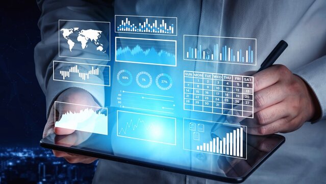 Business professional analyzing digital data on tablet with charts, graphs, and statistics in a modern office environment at night Gluon. - Powered by Adobe